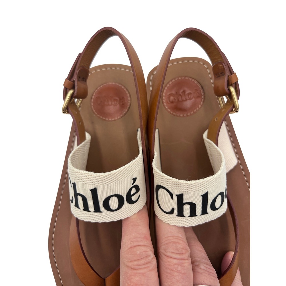 Chloe Woody Sandals Womens 39 Brown Excellent Leather Canvas Slingback Thong - Picture 5 of 6